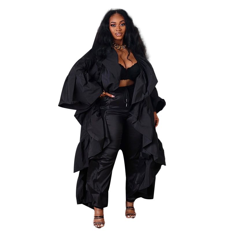 Women's Clothing new women's long windbreaker autumn new solid color ruffled shawl coat_autovado.com