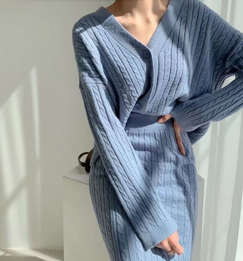 Women's Clothing elegant V-neck linen pattern knitted cardigan sweater + high waist sheath skirt_autovado.com