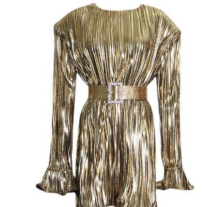 Women's round neck pleated stitching glossy waist style short dress_autovado.com