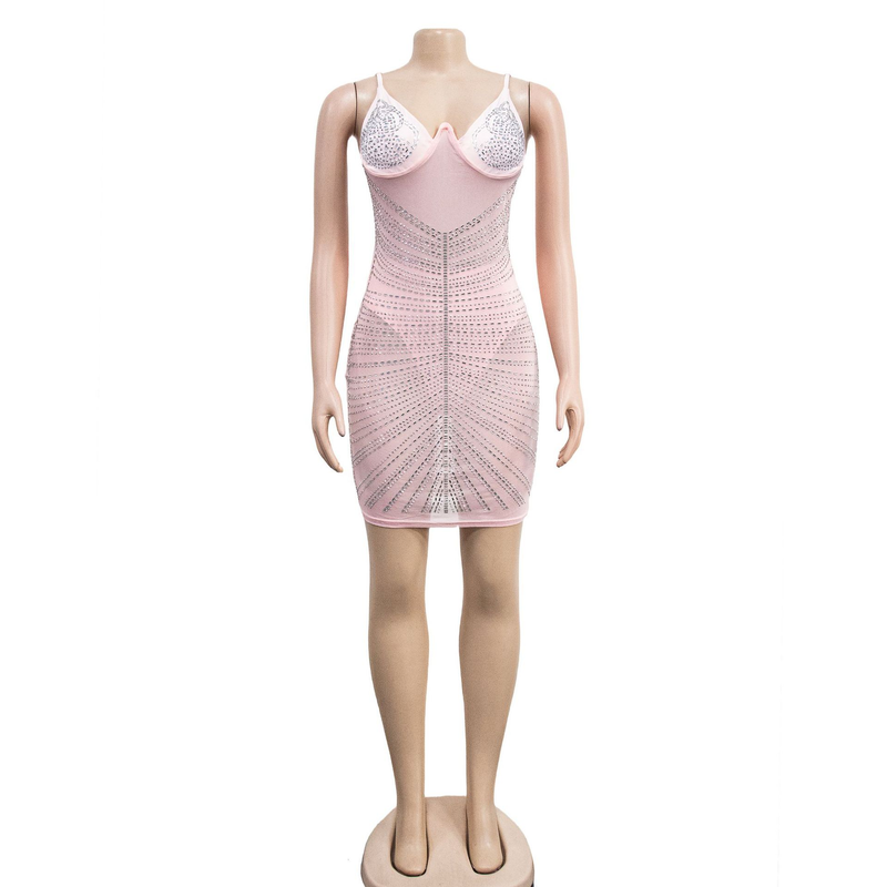 Women's hot diamond mesh suspender sleeveless short skirt dress_autovado.com