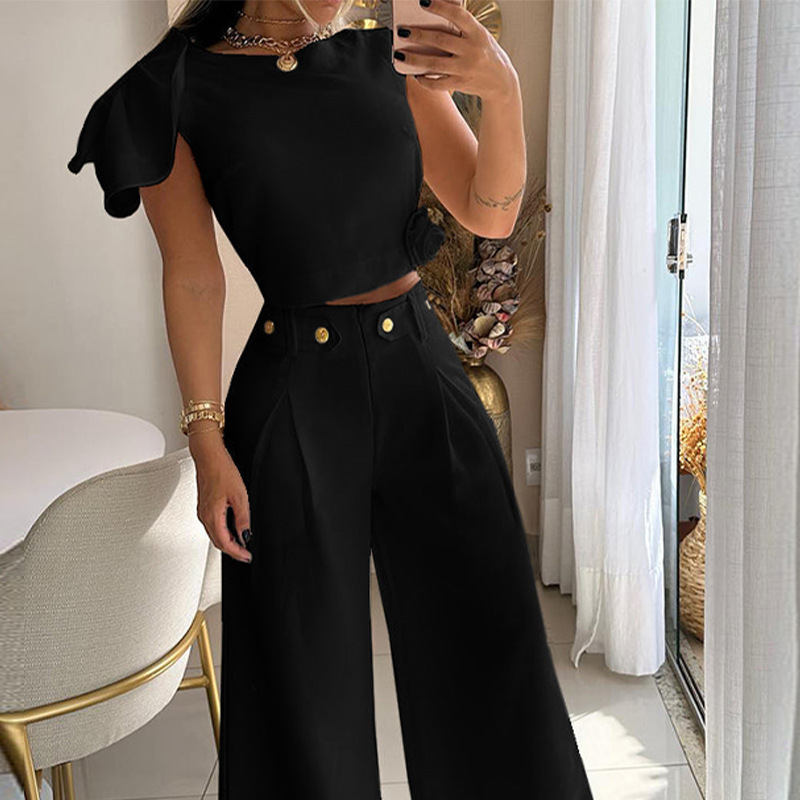 Women's Fashion Solid Color Single Room Petal Sleeve High Waist Temperament Pants Suit For Women_autovado.com