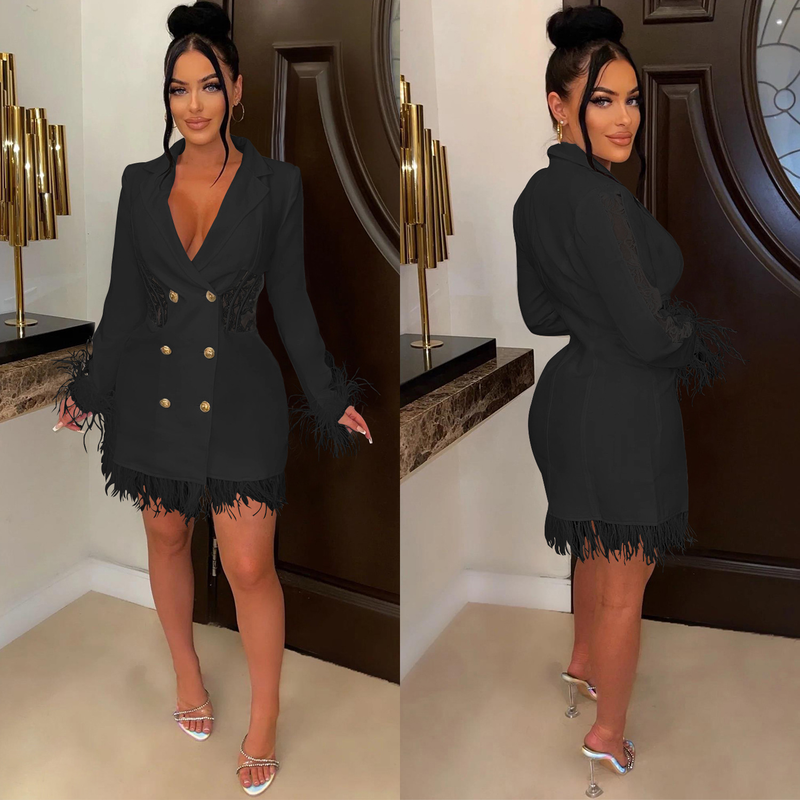 Women's fashion women's V-neck long-sleeved double-breasted tassel openwork dress_autovado.com