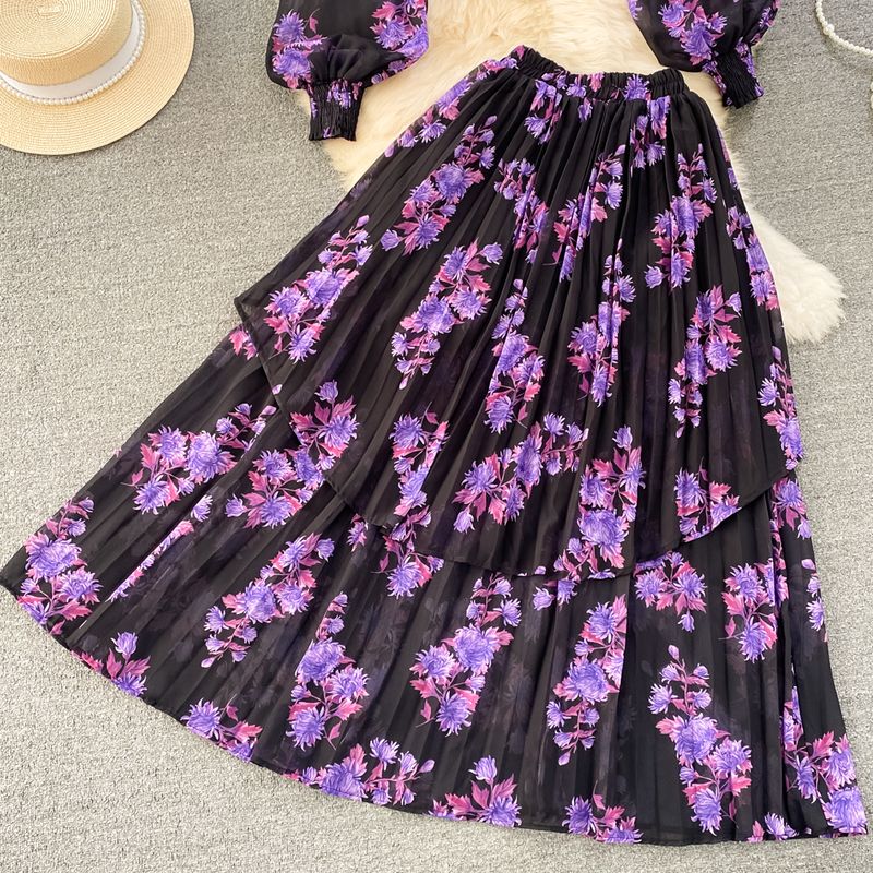 Women's Clothing light mature style, lantern long sleeves, bowknot, loose printed chiffon shirt, two-piece suit, high waist skirt_autovado.com