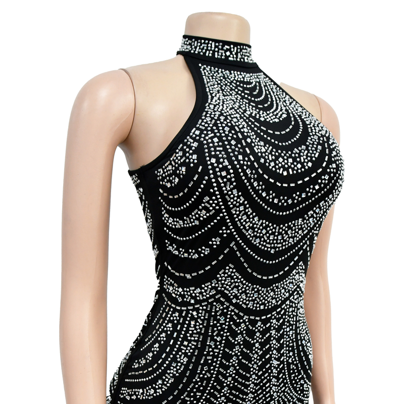 Women's Solid Color Hot Diamond Sleeveless Halter Neck Short Skirt Dress For Women_autovado.com