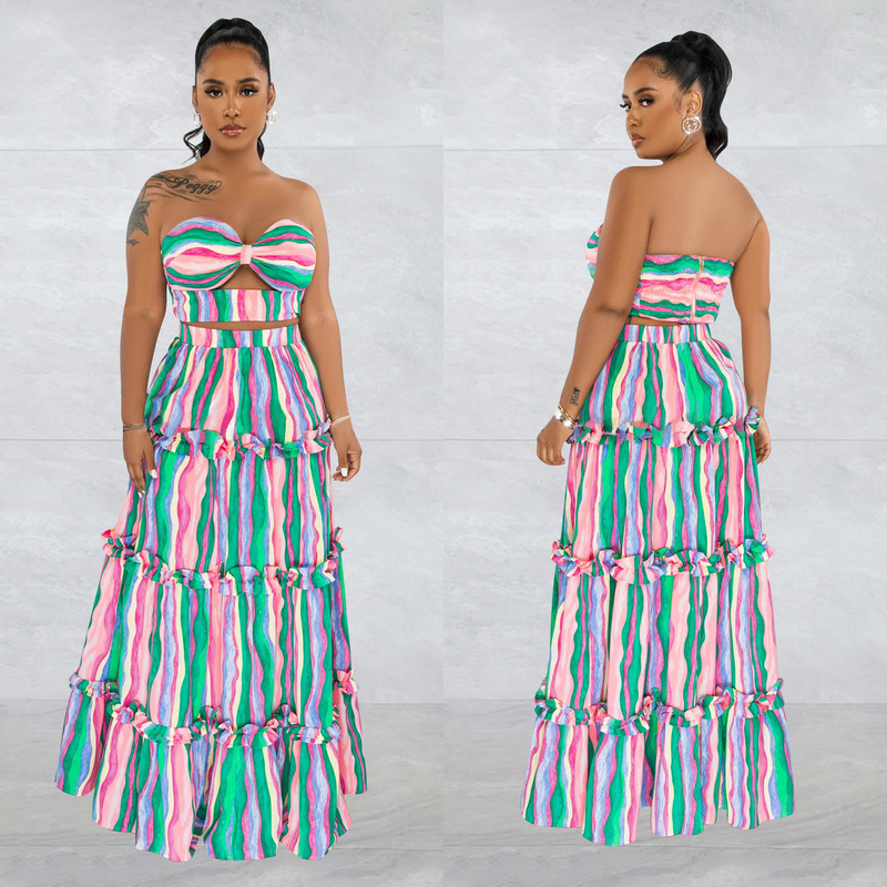 Women's Clothing fashion women's sleeveless tube top striped printed long skirt two-piece set_autovado.com