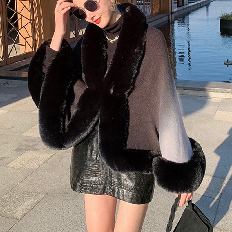 Women's Clothing New rex rabbit fur collar gradien autumn and winter shawl cape large size women's knitted cardigan jacket_autovado.com
