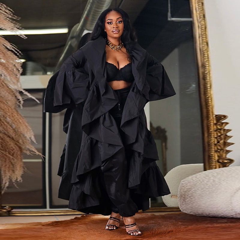 Women's Clothing new women's long windbreaker autumn new solid color ruffled shawl coat_autovado.com