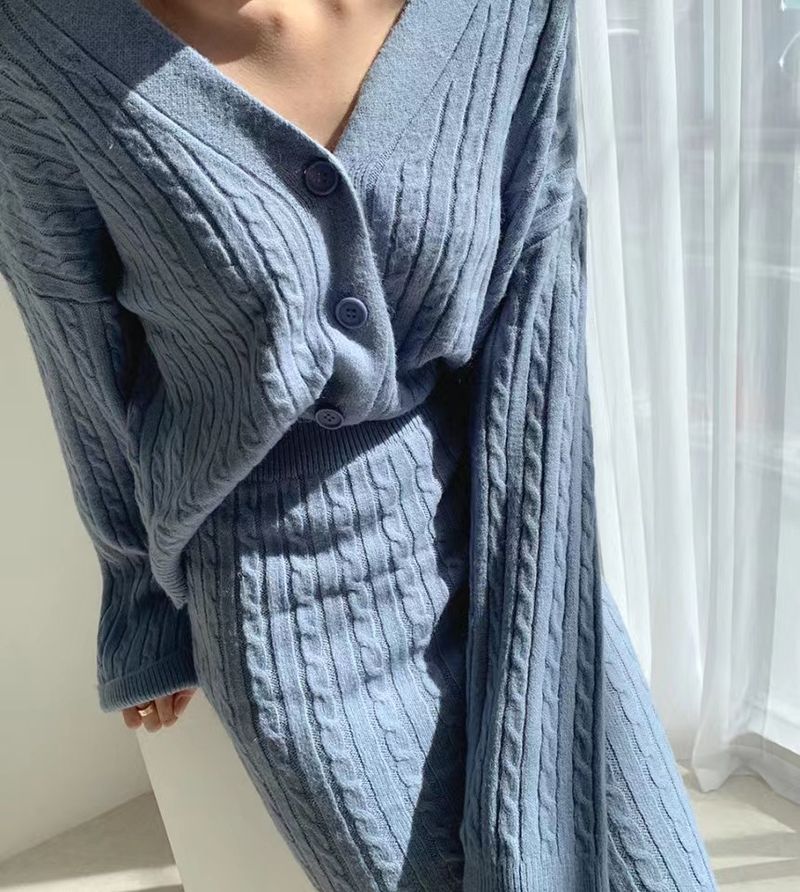 Women's Clothing elegant V-neck linen pattern knitted cardigan sweater + high waist sheath skirt_autovado.com
