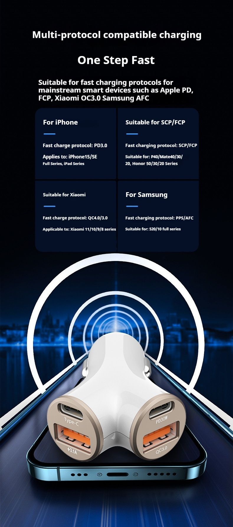 New Y-shaped Four Port 78W Super Fast Charging Car Phone Charger_autovado.com