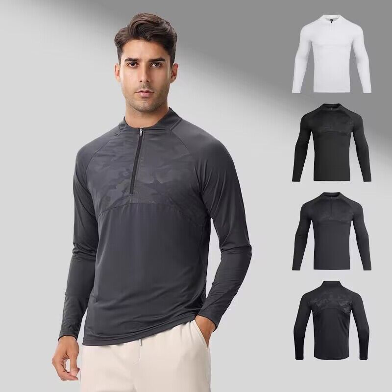 Men's Clothing Long-Sleeved T-Shirt Men's Sports Outdoor Tops Quick-Drying Breathable Running Fitness Training Suit Half-Zip Stand Collar_autovado.com