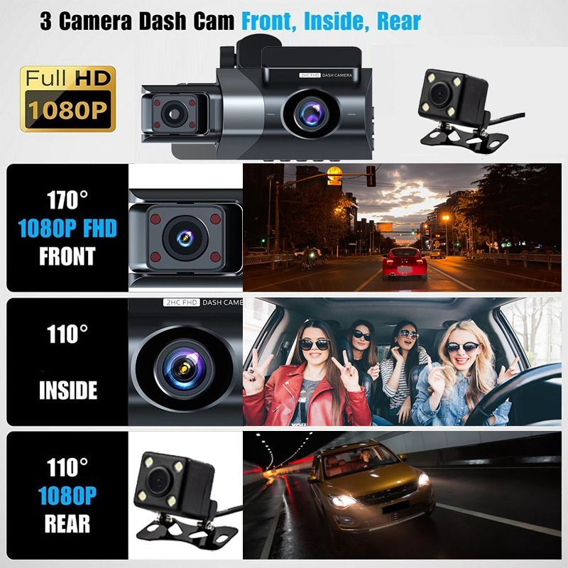 Driving recorder HD 1080P with WiFi with display three-recording three-lens car front car rear reversing image_autovado.com