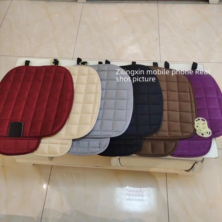 Winter car seat cushion no backrest square embroidered plush tie-free warm three-piece front and rear row single seat cushion_autovado.com