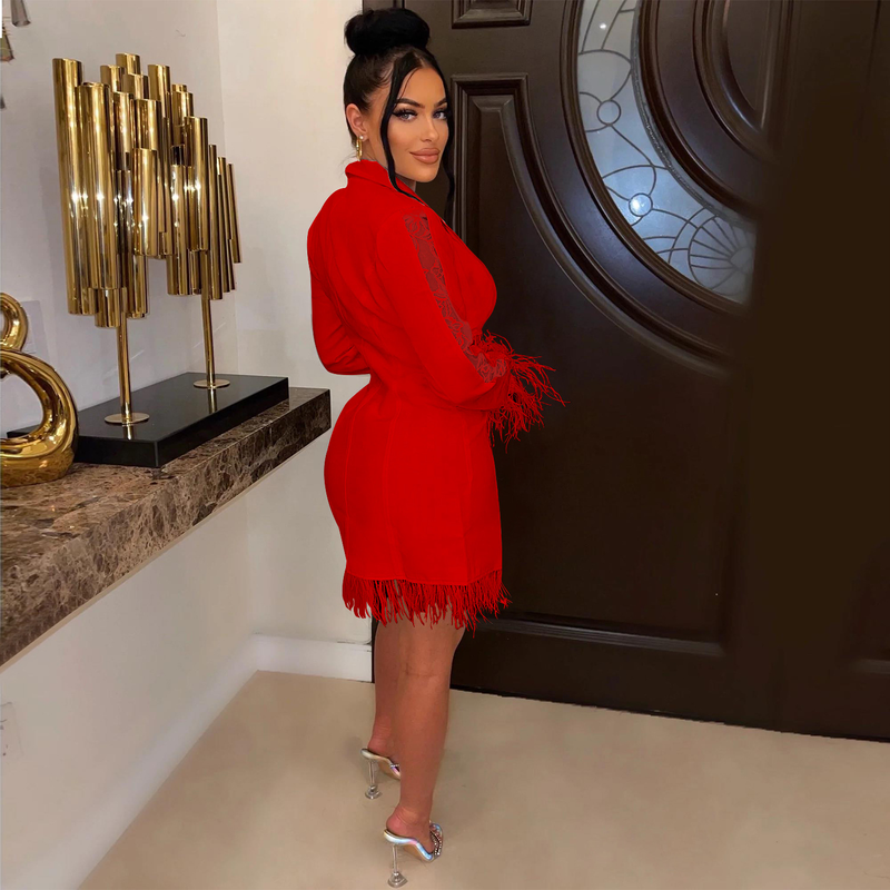 Women's fashion women's V-neck long-sleeved double-breasted tassel openwork dress_autovado.com