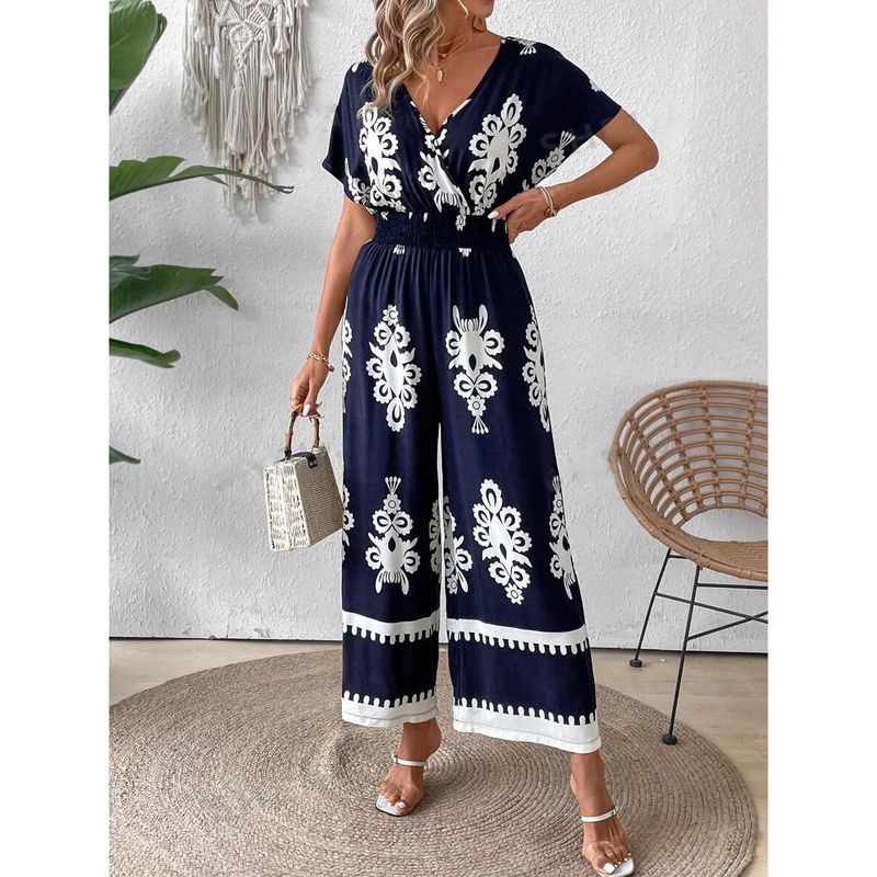 Women's V-neck bat sleeve waist jumpsuit_autovado.com