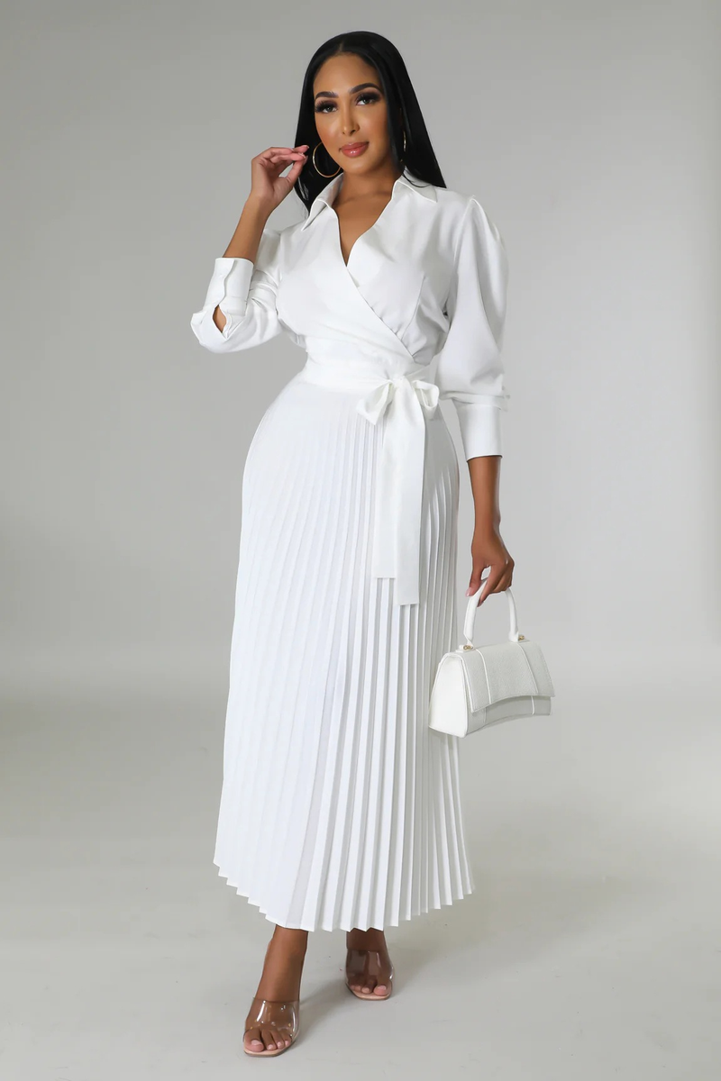 Long sleeved Polo collar high waist fashion casual pleated women's dress_autovado.com