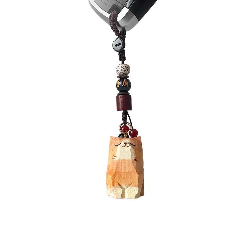 Hand Carved Wood Carved Orange Cat Shiba Inu Mi Ping An Six Character Mantra Woven Keychain Chain Ring Car Schoolbag Pendant Ornament_autovado.com