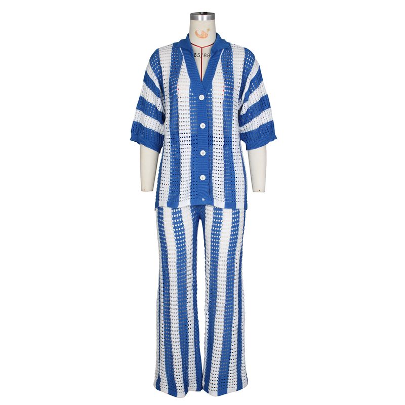 Women's Clothing sexy ladies V-neck hollow striped lapel knitted wide pants suit_autovado.com
