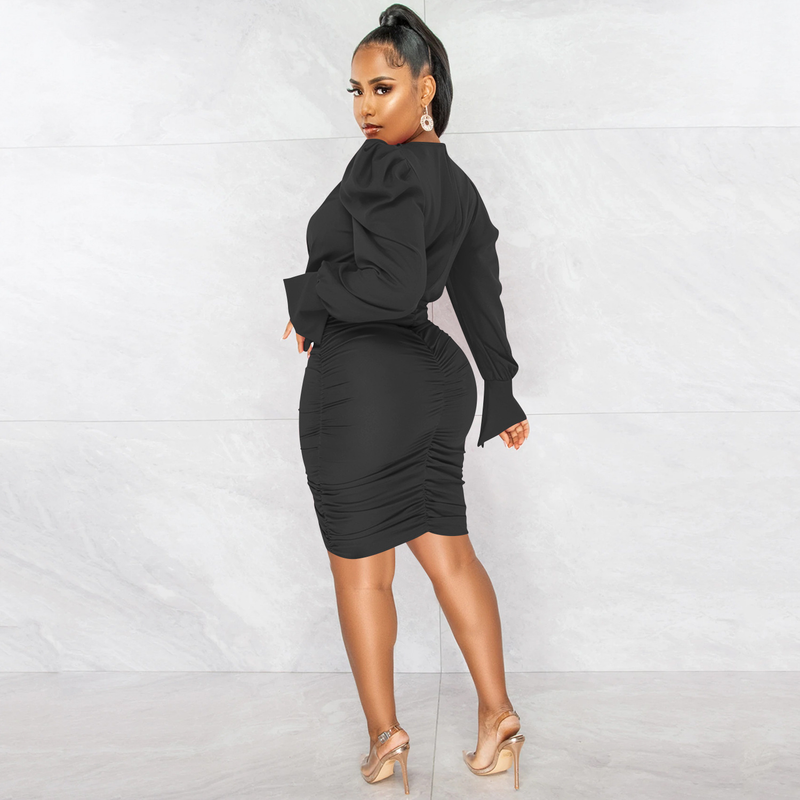 Women's Clothing fashion casual solid color long-sleeved pleated V-neck dress for women_autovado.com