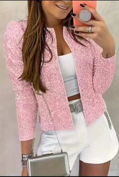 Women's round neck long-sleeved solid color cardigan casual versatile sequined jacket_autovado.com