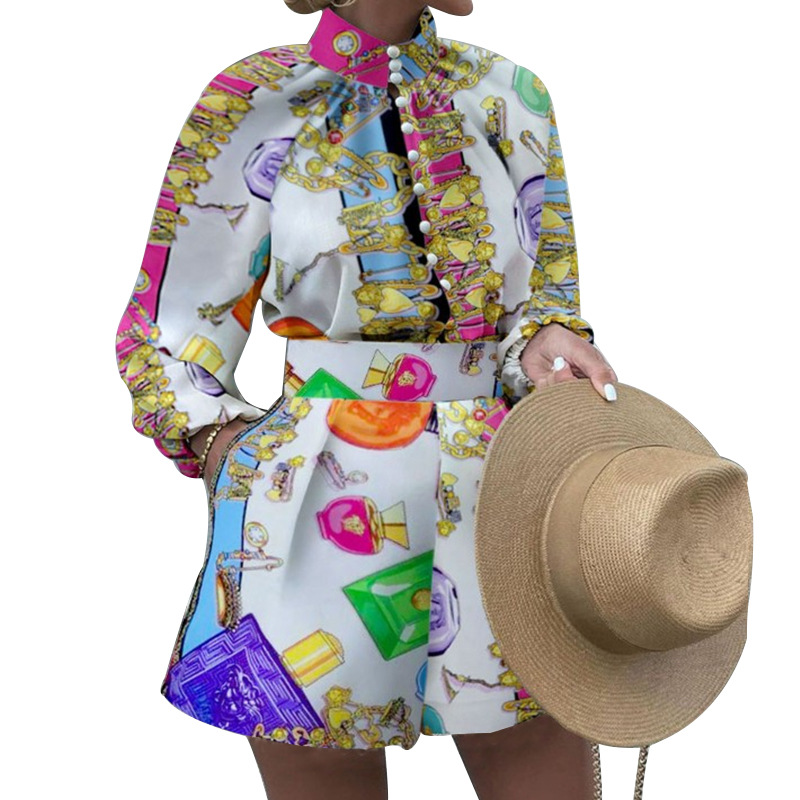 Women's printed long-sleeved blouse and shorts set two-piece_autovado.com