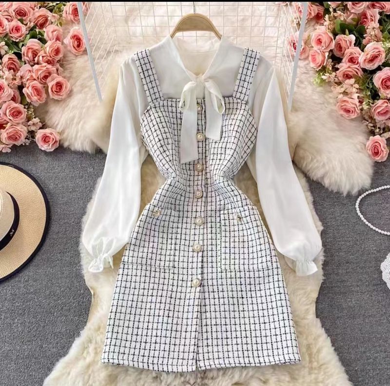 Women's temperament bow tie shirt two-piece suit tweed plaid suspender dress_autovado.com