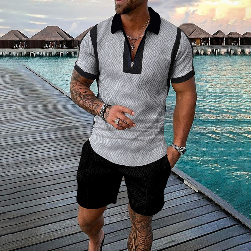 Men's Clothing fashion casual suit 3D printed zipper short sleeve polo shirt shorts 2-piece set_autovado.com