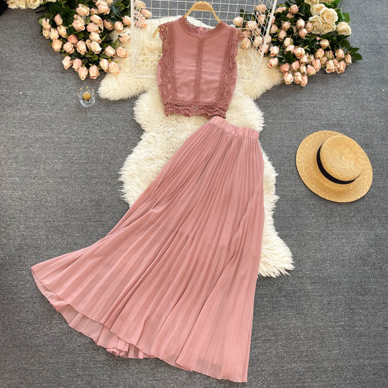 Women's fashion high-waisted lean pressed chiffon skirt two-piece set_autovado.com