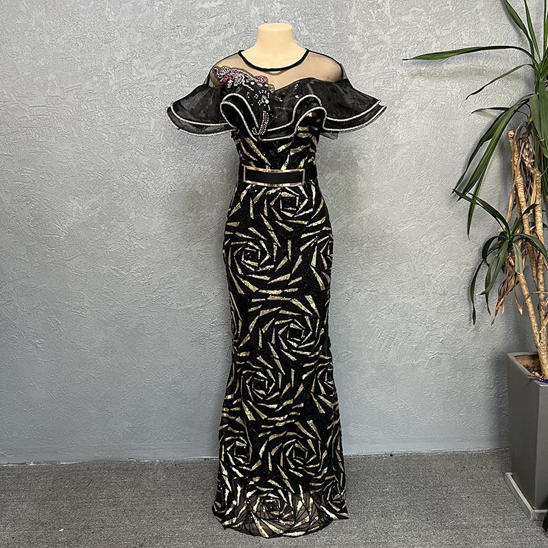 Rose-shaped Sequins Slim Mermaid Evening Dress Long Skirt One-shoulder Lotus Leaf Luxury Women's Clothing_autovado.com