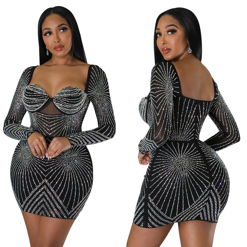 Women's solid color mesh rhinestone long-sleeved short skirt dress_autovado.com