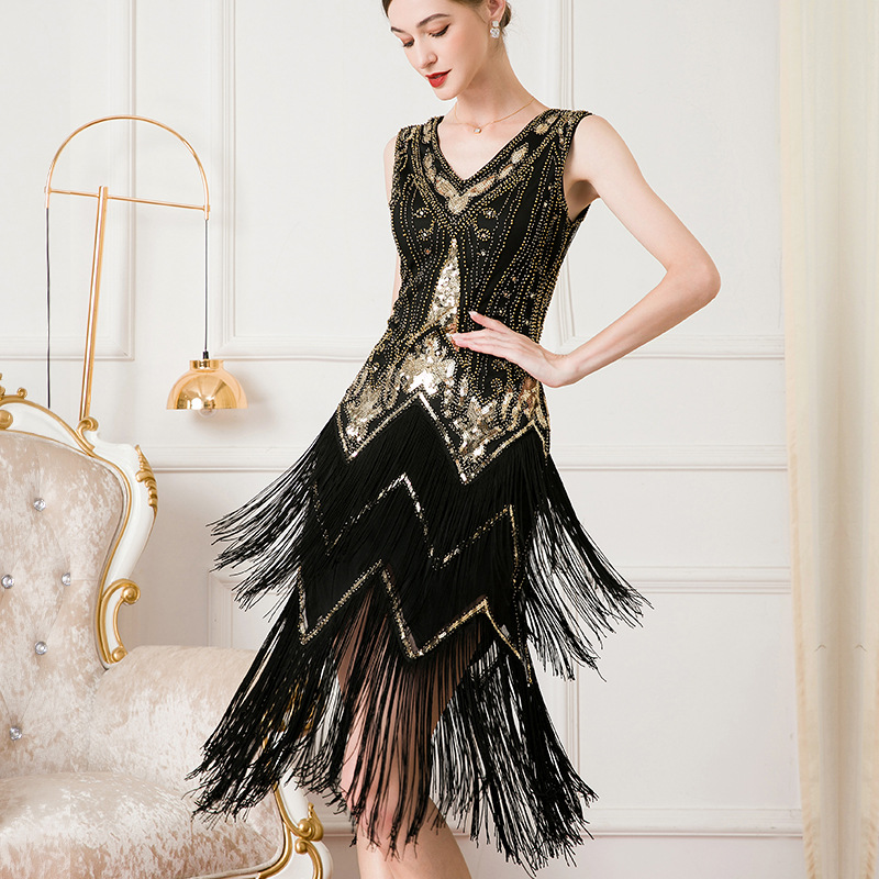 Women's retro 1920 V neck double layer fringed dress Gatsby cocktail ball sequin beaded dress_autovado.com