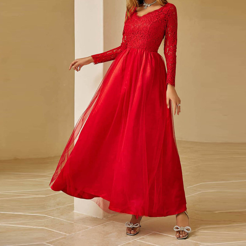 Women's new clothing mesh lace long sleeve wedding wedding dress red evening dress_autovado.com