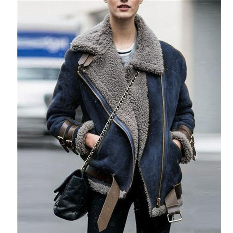 Women's Clothing popular motorcycle deerskin velvet lambswool coat women's lapel fur cotton coat 0055_autovado.com