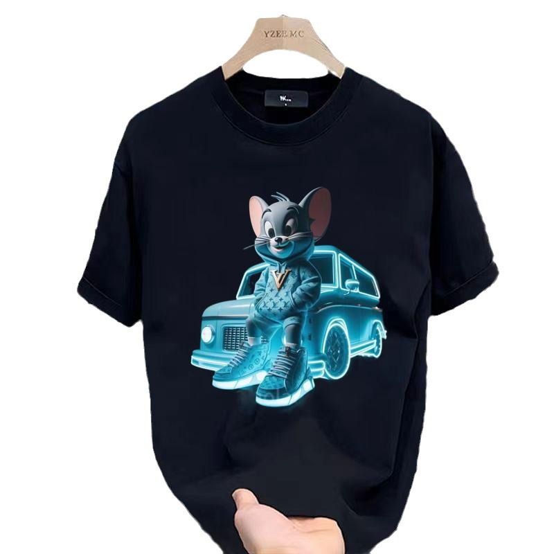 Men's clothing Summer pure cotton style handsome heavy short-sleeved T-shirt for young men and women ins brand loose printed round neck top_autovado.com