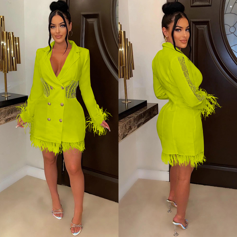 Women's fashion women's V-neck long-sleeved double-breasted tassel openwork dress_autovado.com