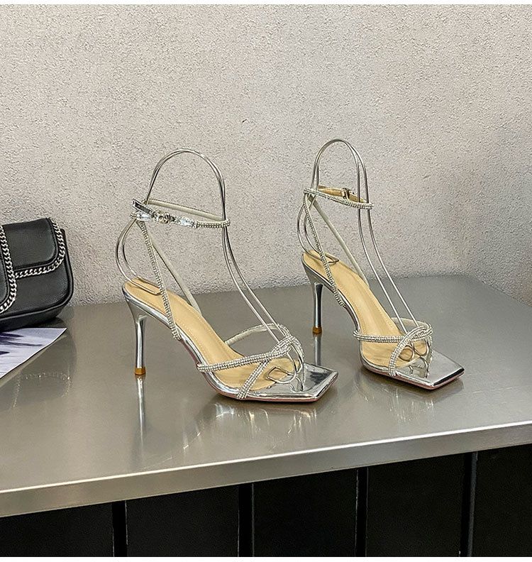 Women's fashion high sense 32-43 open toe square head silver rhinestones all French line with high heels sandals_autovado.com