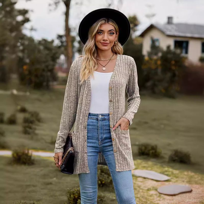 New women's clothing women's brushed pit strip solid color long-sleeved women's cardigan jacket_autovado.com