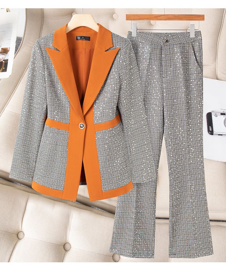 Women's Clothing high-end slim slimming heavy work sequins professional Plaid color matching suit_autovado.com