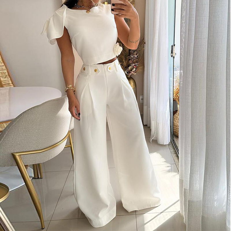 Women's Fashion Solid Color Single Room Petal Sleeve High Waist Temperament Pants Suit For Women_autovado.com