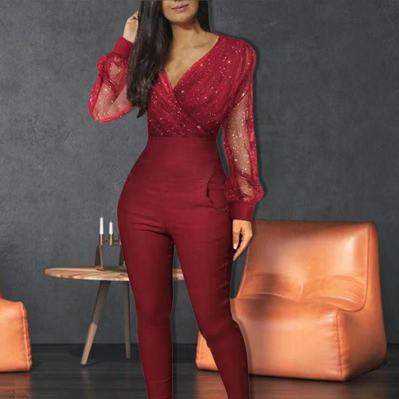 Women's Clothing new solid color V neck mesh slim long sleeved jumpsuit trousers large stock_autovado.com