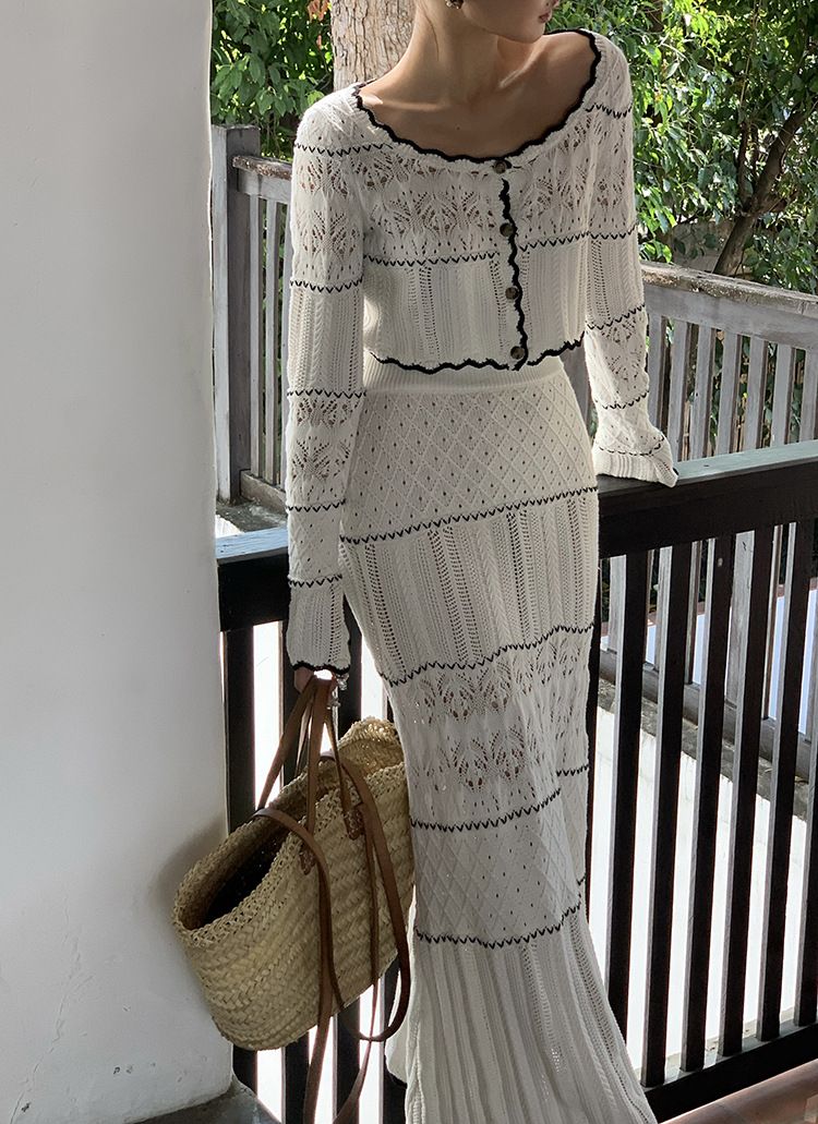 Women's Clothing hollow knitted top skirt two piece suit fashionable and age reducing temperament early spring wear a complete set_autovado.com