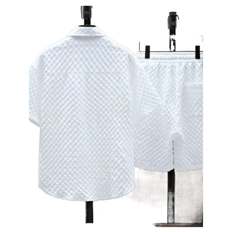MERCURY Men's Clothing Summer ice silk men's trendy short-sleeved shirt and shorts set waffle thin sports casual two-piece suit_autovado.com