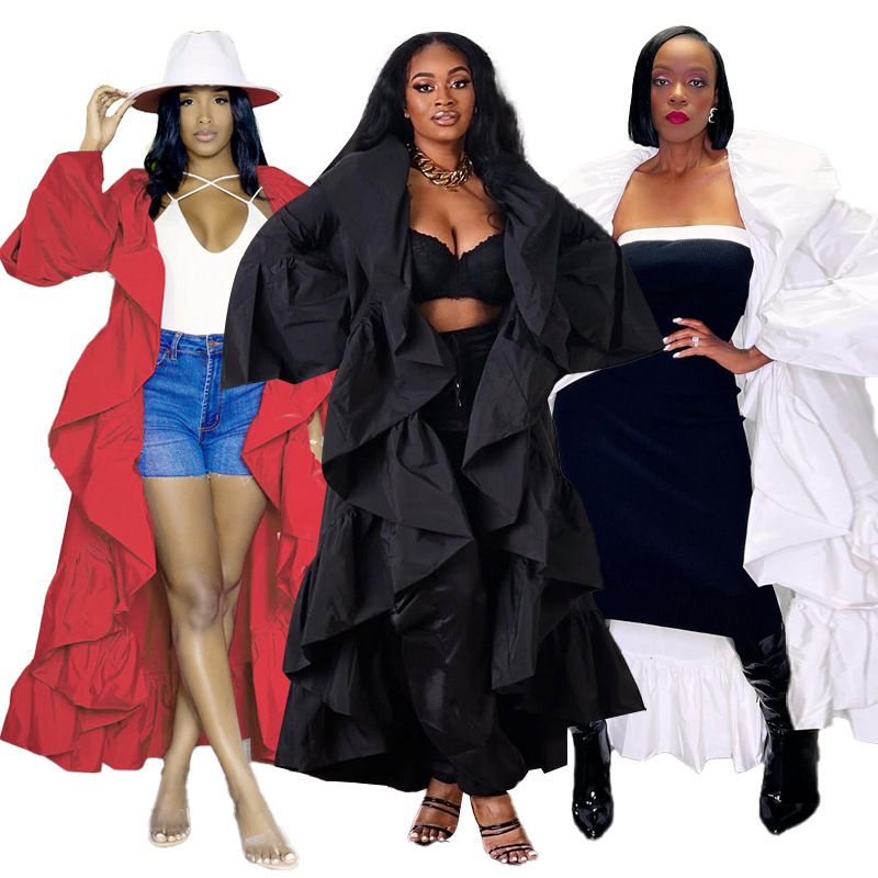 Women's Clothing new women's long windbreaker autumn new solid color ruffled shawl coat_autovado.com