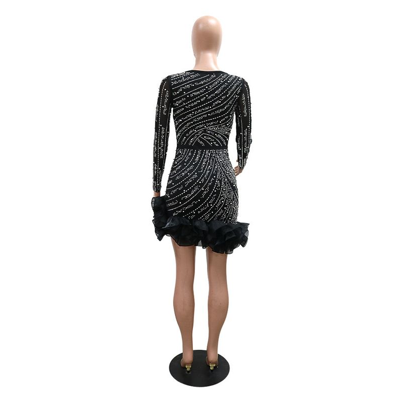 Women's Clothing Hot Diamond And Bubble Bead Dress Short Skirt For Women, Fashionable Long Sleeves And Square Collar_autovado.com