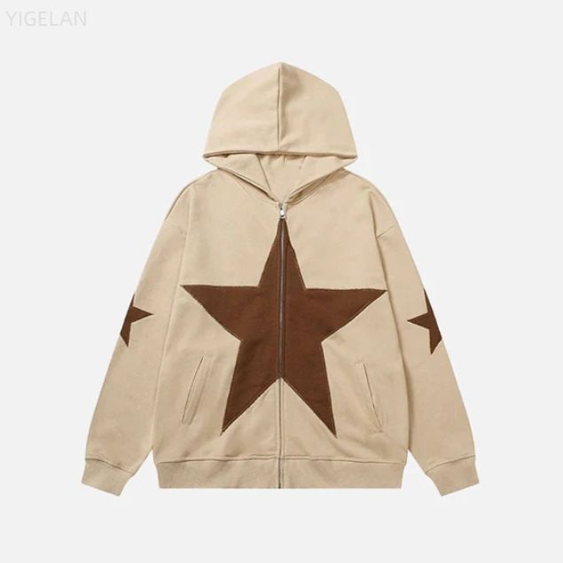 Street oversized loose fitting women's pentagonal star patch embroidered printed hoodie personality zipper sweater men's_autovado.com