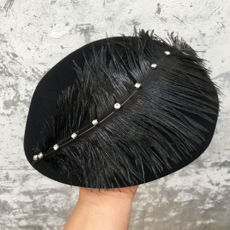 Hot Sale Women Vintage Beret Decorate Winter Ladies Fedoras Socialite Black Pearls Feather Wool Felt Fascinator Pillbox Tilt Hat_autovado.com