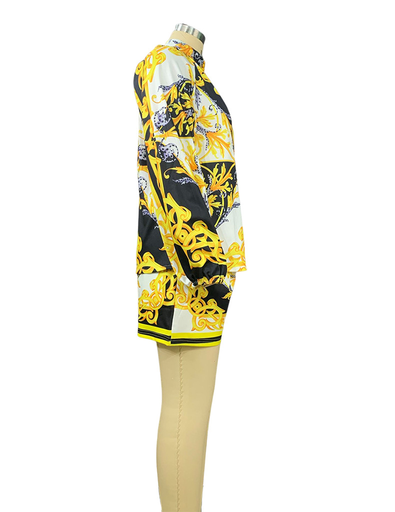Women's printed long-sleeved blouse and shorts set two-piece_autovado.com