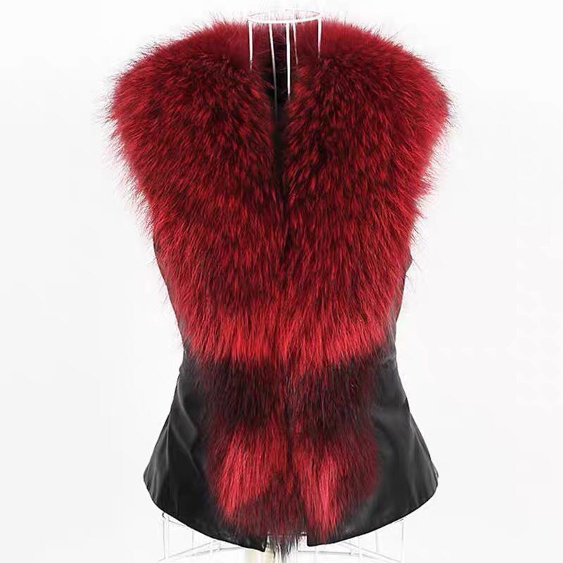 Women's Clothing Adult Vest Fox Fur Collar Pu Vest_autovado.com