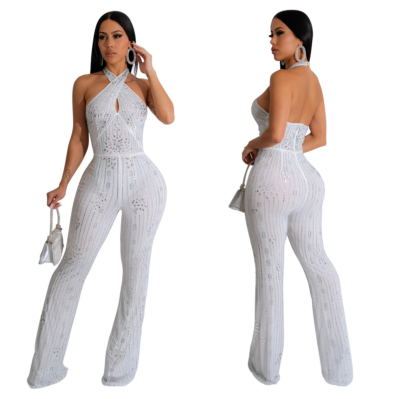 Women's solid color hot diamond sleeveless halterneck trousers jumpsuit_autovado.com