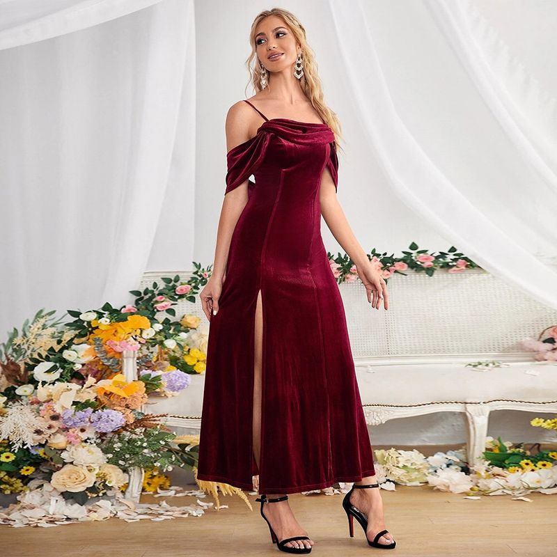 New Women's Evening Party Split Velvet Long Dress Off Shoulder Strap Style Versatile Dress_autovado.com