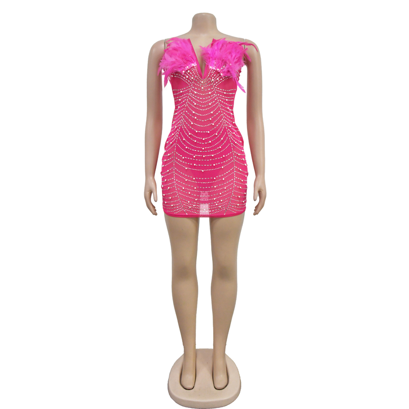 Women's Solid Color Mesh Rhinestone Feather Skirt Dress_autovado.com